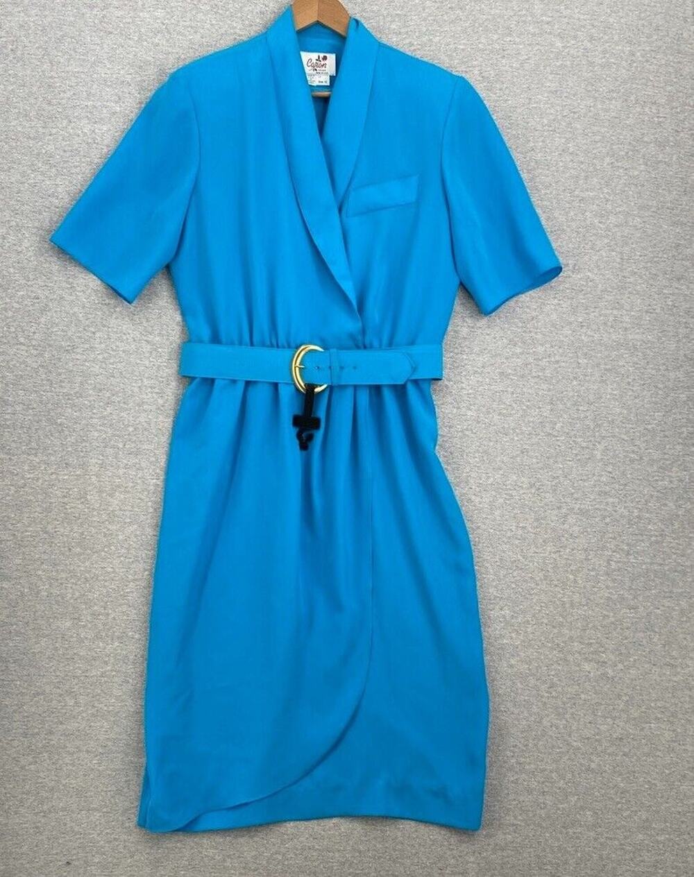 Vintage Caron Chicago Dress Womens 12 Blue Belted Faux Wrap Shoulder Pads USA